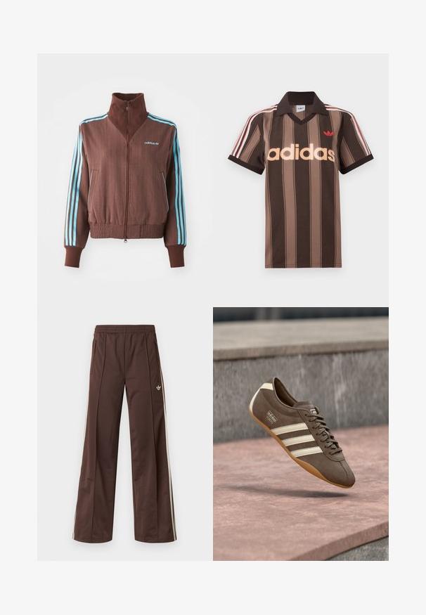 Bruine zip-up jas met een geribbelde textuur, voorzien van turquoise drie-strepen accenten op de schouders en mouwen, en een geborduurd logo.; Bruine gestreepte Adidas polo met V-hals, bordeauxrode kraag en rood logo. Heeft witte en rode schouderstrepen, korte mouwen.; Bruine sportbroek met een wijd uitlopende pijp, witte zijstrepen, een elastische tailleband en twee zijzakken. Heeft een klein logo op het been.; Bruine suède sneaker met witte strepen en merklogo's, voorzien van een ronde neus en een zool van tandgumrubber, zwevend boven een getextureerd oppervlak.