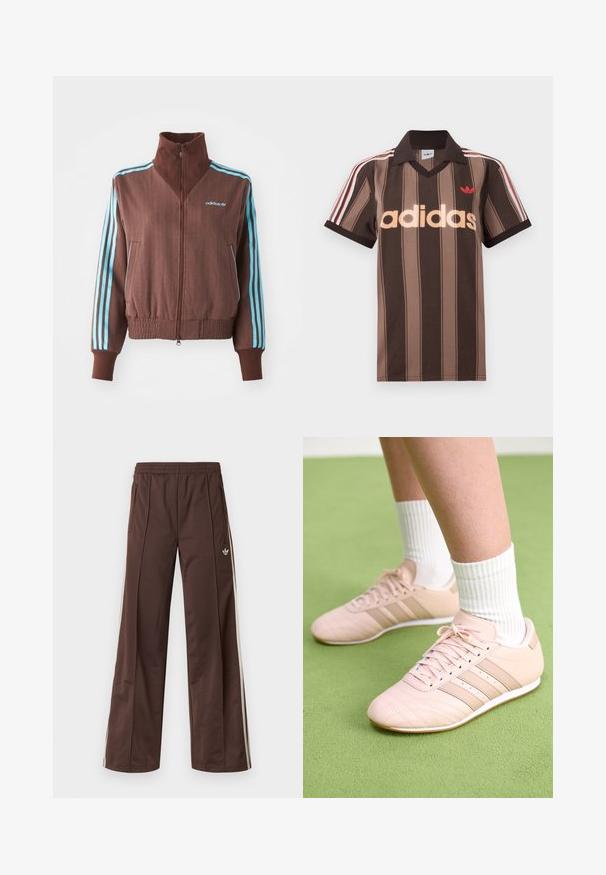 Brun zip-up jakke med ribbet tekstur, der har turkise tre-stribe accenter på skuldrene og ærmerne samt et broderet logo.; Brunstribet Adidas polo-shirt med V-hals, bordeaux krave og rødt logo. Har hvide og røde skulderstriber samt korte ærmer.; Brune atletiske bukser med vidde ben, hvide striber på siden, elastisk linning og to sidelommer. Har et lille logo på benet.; Lyselyserøde træningssko med diagonal syning, hvide såler og tre sidelægstriber. Båret med ribbede hvide sokker på en grøn overflade.
