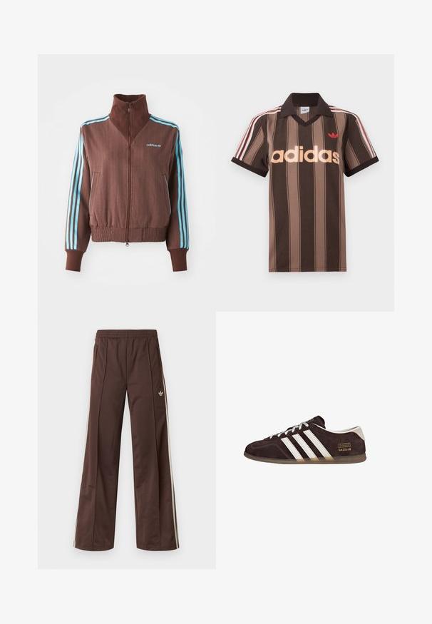Braune Zip-Jacke mit strukturiertem Rippdesign, die türkise Akzente mit drei Streifen an den Schultern und Ärmeln aufweist, sowie ein gesticktes Logo.; Braunes gestreiftes Adidas-Poloshirt mit V-Ausschnitt, bordeauxrotem Kragen und rotem Logo. Mit weißen und roten Schulterstreifen, kurzen Ärmeln.; Braune Sporthose mit weitem Bein, weißen Seitenstreifen, elastischem Bund und zwei Seitentaschen. Mit kleinem Logo am Bein.; Braune Wildleder-Sneaker mit drei weißen Streifen, Gummisohle und Textlabel "Gazelle" in Gold. Schnürdesign mit grauen Schnürsenkeln.