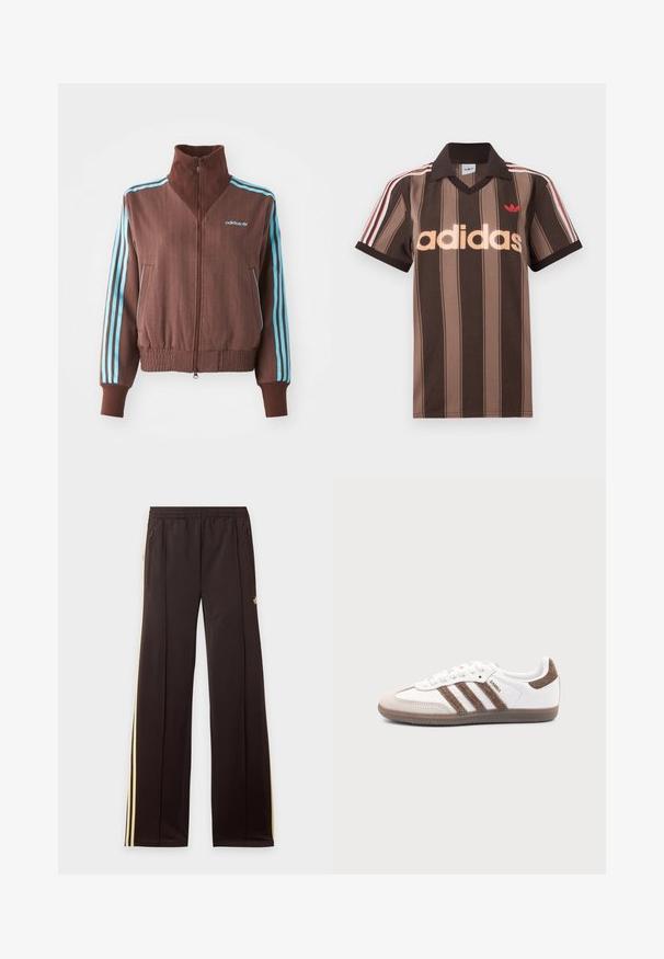 Pruun tõmblukk-jakk ribatud tekstuuriga, millel on türkiissinised kolmeribade aksessuaalid õlgadel ja varrukatel ning brodeeritud logo.; Pruunide triipudega Adidas polotee, V-kaelusega, bordeau krae ja punase logoga. Omad valge ja punase triibuga õlad ning lühikesed varrukad.; Mustad dressipüksid kollaste küljeribadega, elastse vöökohaga, küljetaskud lukuga ja väike logo reie ülaosas.; Valge Adidas Samba toss pruunide seemisnahast triipude, pruuni kummist tallaga ja beežika seemisnahast varbakattaga, kujutatud välisküljelt ühevärvilise tausta peal.