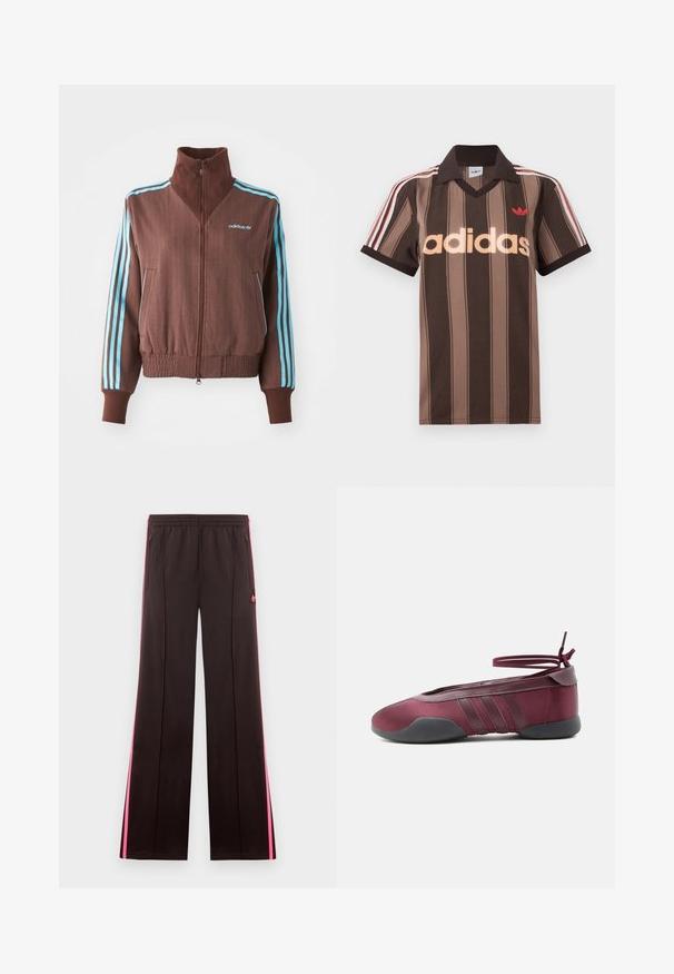 Veste zippée marron avec une texture côtelée, présentant des accents turquoise à trois rayures sur les épaules et les manches, ainsi qu'un logo brodé.; Polo Adidas rayé marron avec col en V, col bordeaux, et logo rouge. Comprend des rayures blanches et rouges sur les épaules, manches courtes.; Pantalon de sport noir avec des bandes latérales roses, taille élastique, poches zippées et logo Adidas sur la cuisse gauche.; Ballerine bordeaux avec semelle noire, brides élastiques à la cheville nouées en nœud, et détails cousus sur les côtés, vue de l'extérieur.