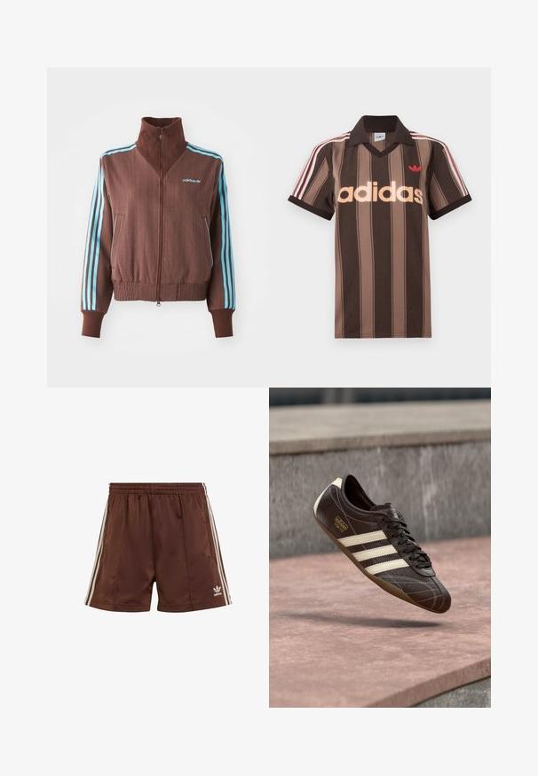 Bruine zip-up jas met een geribbelde textuur, voorzien van turquoise drie-strepen accenten op de schouders en mouwen, en een geborduurd logo.; Bruine gestreepte Adidas polo met V-hals, bordeauxrode kraag en rood logo. Heeft witte en rode schouderstrepen, korte mouwen.; Bruine sportshorts van gladde stof met een relaxte pasvorm, voorzien van witte zijkanten en een geborduurd logo op de linkerbovenrand.; Bruine leren sneaker met witte drie strepen, een gestructureerd oppervlak, vetersluiting en een bruine rubberen zool. Voorzien van een geperst logo aan de zijkant.