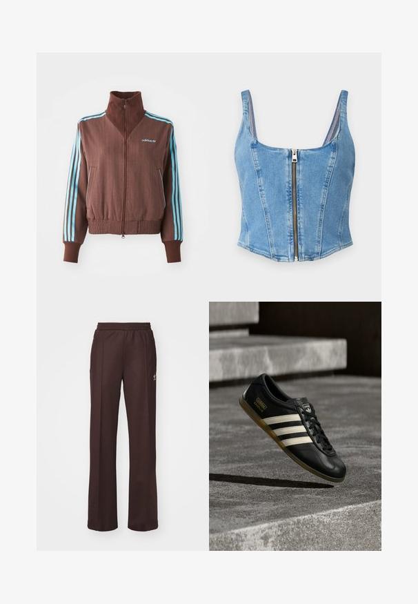 Hnedá zipsová bunda s rebrovanou textúrou, s tyrkysovými trojpruhovými akcentmi na pleciach a rukávoch, a vyšitým logom.; Denim crop top vo svetlo modrej farbe s uterákovým výstrihom, štruktúrovanými švami a predným zipsom. Hladká textúra s priliehavým strihom.; Hnedé športové nohavice s elastickým pásom, dvoma bočnými vreckami a malým logom na ľavej strane, vyrobené z mäkkej látky.; Čierna kožená teniska s bielym dizajnom troch pruhov, textúrovanými detailmi, čiernymi šnúrkami a gumovou podrážkou. Logo značky viditeľné na jazyku.