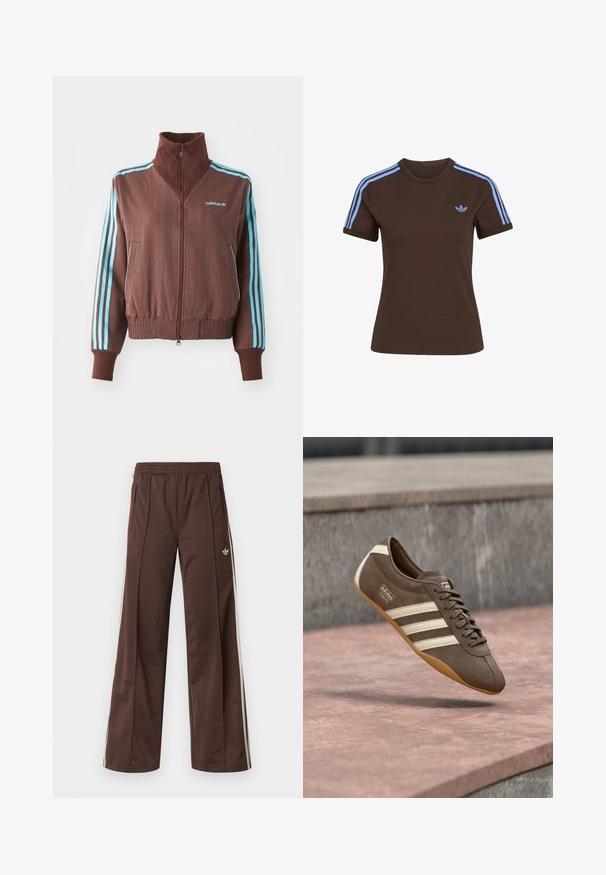 Braune Zip-Jacke mit strukturiertem Rippdesign, die türkise Akzente mit drei Streifen an den Schultern und Ärmeln aufweist, sowie ein gesticktes Logo.; Braunes Kurzarm-T-Shirt mit hellblauen drei Streifen auf den Schultern und kleinem hellblauem Adidas-Logo auf der linken Brust.; Braune Sporthose mit weitem Bein, weißen Seitenstreifen, elastischem Bund und zwei Seitentaschen. Mit kleinem Logo am Bein.; Brauner Wildledersneaker mit weißen Streifen und Branding, ausgestattet mit einer abgerundeten Zehenpartie und einer Gummisohle, schwebt über einer strukturierten Oberfläche.