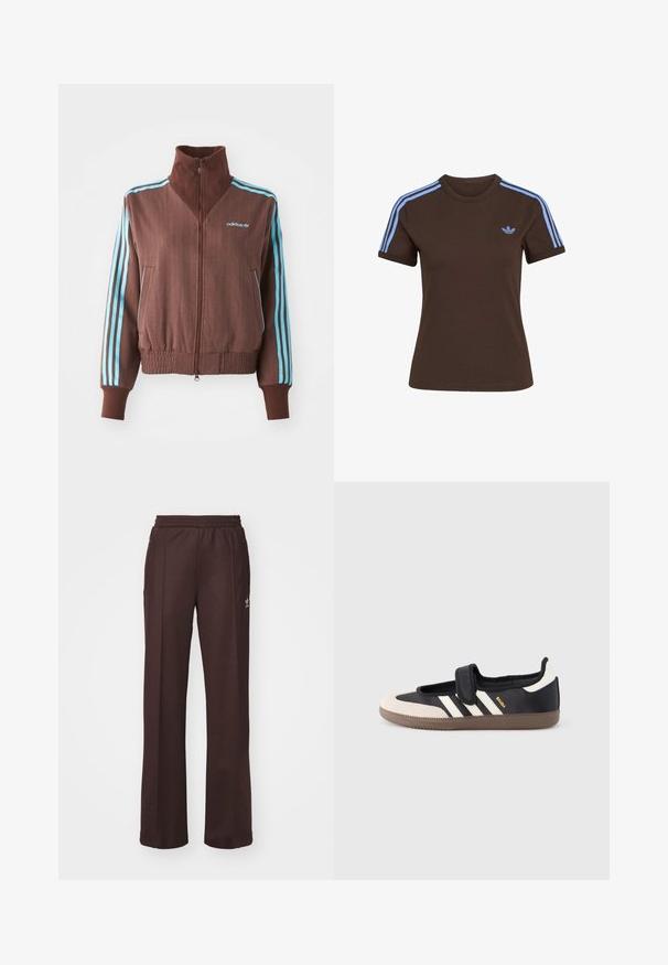 Bruine zip-up jas met een geribbelde textuur, voorzien van turquoise drie-strepen accenten op de schouders en mouwen, en een geborduurd logo.; Bruin T-shirt met korte mouwen, lichtblauwe drie strepen op de schouders en klein lichtblauw Adidas-logo op de linkerborst.; Bruine sportieve broek met een elastische tailleband, twee zijzakken en een klein logo aan de linkerzijde, gemaakt van een zachte stof.; Zwart-beige sneaker met een klittenbandsluiting, drie witte strepen aan de zijkant en een getextureerde bruine rubberen zool. Merkembleem zichtbaar.