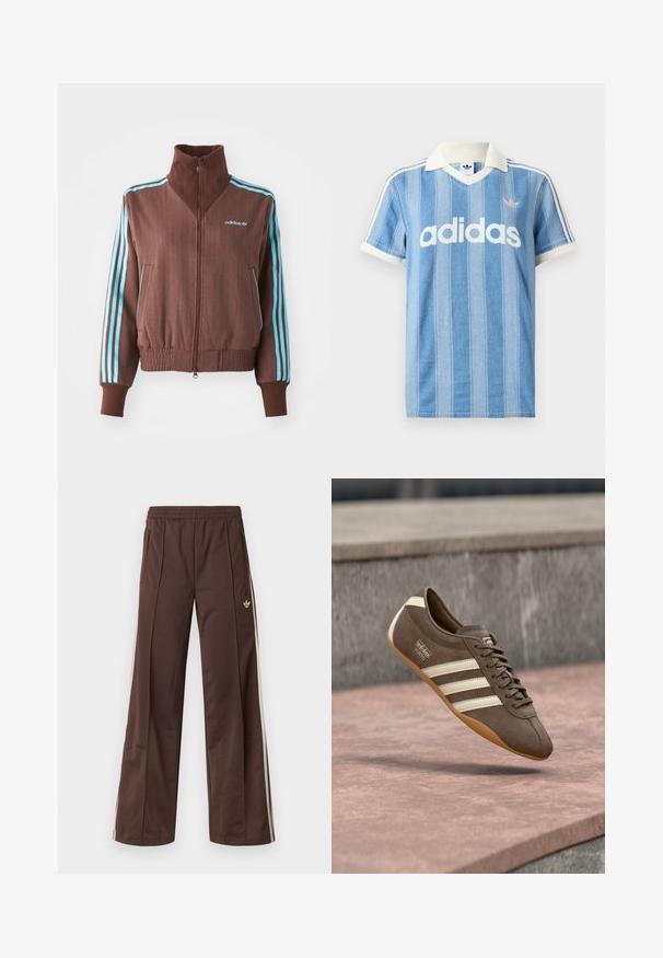 Bruine zip-up jas met een geribbelde textuur, voorzien van turquoise drie-strepen accenten op de schouders en mouwen, en een geborduurd logo.; Lichtblauw poloshirt met korte mouwen, verticale strepen, witte accenten en een opvallend wit "adidas"-logo aan de voorkant.; Bruine sportbroek met een wijd uitlopende pijp, witte zijstrepen, een elastische tailleband en twee zijzakken. Heeft een klein logo op het been.; Bruine suède sneaker met witte strepen en merklogo's, voorzien van een ronde neus en een zool van tandgumrubber, zwevend boven een getextureerd oppervlak.