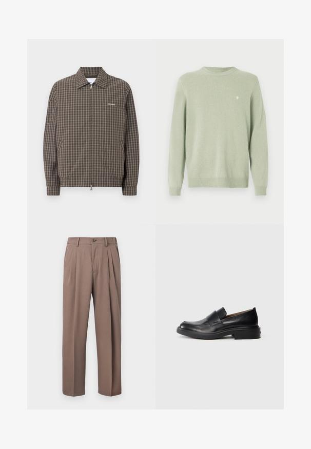 Veste marron à fermeture éclair avec motif à grille blanche, col pointu, poches latérales et petit texte blanc brodé sur la poitrine.; Pull léger vert clair à col rond, avec des manches longues et un petit logo brodé blanc sur la poitrine gauche.; Pantalon plissé marron avec passants de ceinture, fermeture à boutons sur le devant et fermeture éclair, présenté sur un fond blanc.; Chaussure habillée noire en cuir, à enfiler, avec un petit talon et un logo Calvin Klein discret sur le côté, présentée de profil sur un fond blanc.
