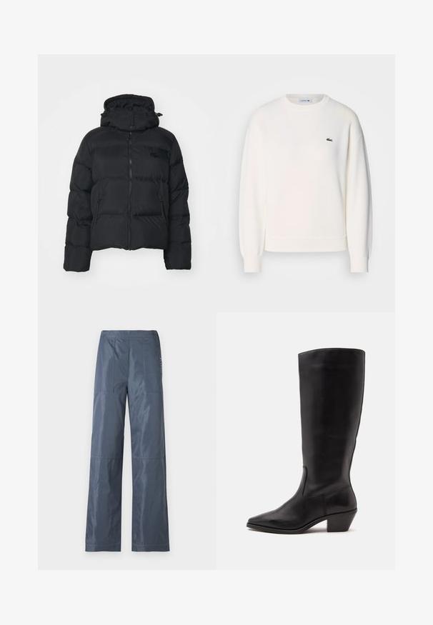Manteau en duvet noir avec capuche détachable, fermeture éclair à l'avant et deux poches latérales. Possède des sections matelassées et un petit logo sur la poitrine.; Sweatshirt blanc en tissu doux, avec un col rond, des manches longues, des poignets côtelés et un petit logo vert Lacoste sur la poitrine.; Pantalons à jambes larges en gris foncé, en tissu lisse. Comprend deux poches avant et des détails cousus le long des coutures.; Botte en cuir noire mi-mollet avec un bout pointu et un talon bas incliné sur un fond clair uni.