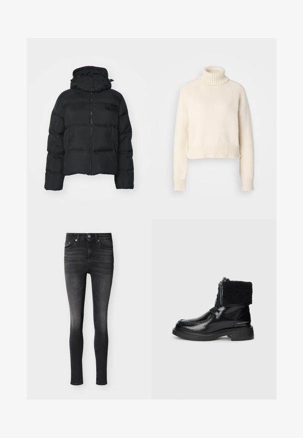 Sort pufferjakke med aftagelig hætte, lynlåslukning foran og to sidelommer. Har quiltede sektioner og et lille logo på brystet.; Cremefarvet turtleneck sweater, cropped design, ribbet halskant og kant, tekstureret strikket stof, lange ærmer med tætsiddende manchetter.; Sorte, slim-fit jeans med let falmet effekt på lårene, fem-lomme-stil, knaplukning og bæltestropper, vist på en hvid baggrund.; Sorte læder ankelstøvler med en blød sort fleecekrave, kontrastsyninger, en kraftig tekstureret sål og en sidelukning for nem adgang.