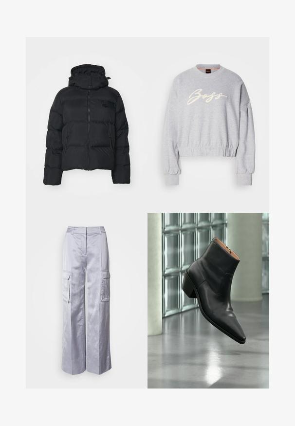 Sort pufferjakke med aftagelig hætte, lynlåslukning foran og to sidelommer. Har quiltede sektioner og et lille logo på brystet.; Grå cropped sweatshirt lavet af blødt stof, med et hvidt broderet "Boss" logo på fronten og elastiske manchetter ved ærmerne og kanten.; Lysegrå bred-leg cargo bukser lavet af glat stof, med sidelommer, skræddersyet talje og uden synlige hængsler eller lynlåse.; Sort læderankelstøvle med spids tå og blokhæl, der svæver over en reflekterende grå gulv nær en væg af glasblokke.
