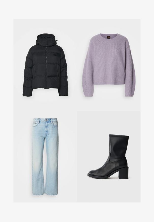 Schwarze Pufferjacke mit abnehmbarer Kapuze, Reißverschluss vorne und zwei Seitentaschen. Verfügt über gesteppte Abschnitte und ein kleines Logo auf der Brust.; Hellpurpurener Strickpullover mit rundem Ausschnitt, überschnittenen Schultern und gerippter Textur. Verfügt über ein dezentes Stichmuster entlang der Nähte.; Helle blaue weit geschnittene Jeans aus Denim, mit einem klassischen Fünf-Taschen-Design und einer dezenten, gewaschenen Textur. Die Denim-Nähte sind sichtbar.; Schwarze Leder-Ankle Boots mit runder Zehenform, glatter Oberfläche und dicker Absatz, ausgestattet mit einem eng anliegenden Schaft und subtilen Nähten.