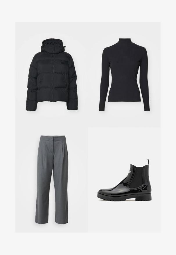 Schwarze Pufferjacke mit abnehmbarer Kapuze, Reißverschluss vorne und zwei Seitentaschen. Verfügt über gesteppte Abschnitte und ein kleines Logo auf der Brust.; Schwarzes, geripptes Rollkragenoberteil mit langen Ärmeln. Aus dehnbarem Stoff mit figurbetonter Passform und hohem Kragen. Einfaches Design ohne Verzierungen.; Graue maßgeschneiderte Hosen mit geradem Bein, die eine glatte Textur, Bundfalten und Schlitztaschen aufweisen. Keine sichtbaren Beschläge oder Akzente.; HUGO TABITA - Gummistiefel - black
