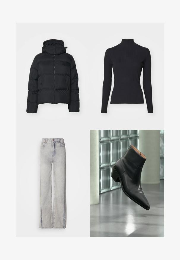 Sort pufferjakke med aftagelig hætte, lynlåslukning foran og to sidelommer. Har quiltede sektioner og et lille logo på brystet.; Sort ribbet turtle-sweater med lange ærmer. Lavet af strækbart stof med en tætsiddende pasform og høj krave. Enkel design uden udsmykninger.; Lyseblå vid-leg jeans lavet af denim med en falmet vask, der har lynlås, fem lommer og kontraststikning.; Sort læderankelstøvle med spids tå og blokhæl, der svæver over en reflekterende grå gulv nær en væg af glasblokke.