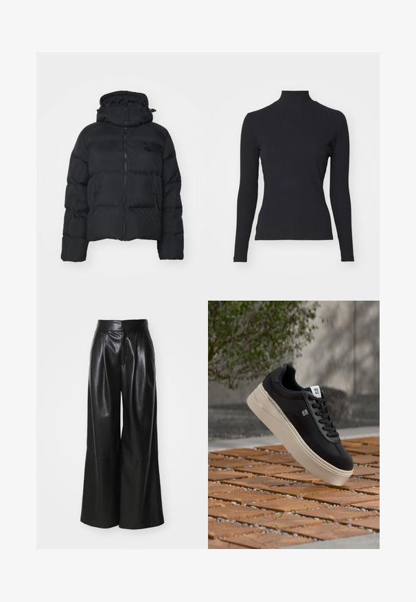 Sort pufferjakke med aftagelig hætte, lynlåslukning foran og to sidelommer. Har quiltede sektioner og et lille logo på brystet.; Sort ribbet turtle-sweater med lange ærmer. Lavet af strækbart stof med en tætsiddende pasform og høj krave. Enkel design uden udsmykninger.; Sorte faux læder brede bukser med høj talje, plisseret foran og glat tekstur. Har et rent, minimalistisk design.; Sort lavtop sneaker med hvid tyk sål og "HUGO"-logo, der svæver over træfliser i en udendørs indstilling.