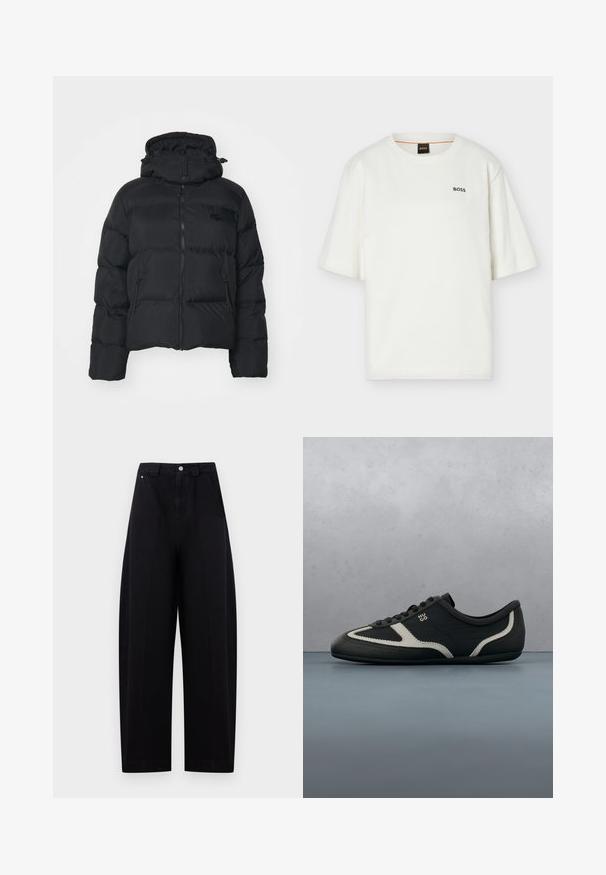 Manteau en duvet noir avec capuche détachable, fermeture éclair à l'avant et deux poches latérales. Possède des sections matelassées et un petit logo sur la poitrine.; T-shirt blanc à manches courtes et col rond avec petit logo noir "BOSS" sur le côté gauche de la poitrine et étiquette noire à l'intérieur du col.; Pantalon noir taille haute à jambes larges avec fermeture par bouton et zip devant, avec poches latérales et passants de ceinture sur un fond clair.; Baskets noires avec tige en cuir texturé, accents gris contrastants, bout rond et semelle plate. Dotées de lacets et d'un logo de marque sur le côté.