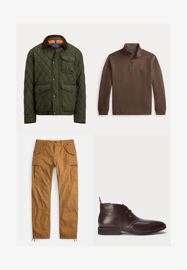 Quiltet grøn jakke med brun ribkrave, brystlomme med knap, to knaplukkelommer ved taljen og trykknapper foran.; Brun langærmet pullover med kvart lynlås og lille broderet logo på venstre bryst, lavet af blødt stof.; Beige cargobukser lavet af bomuld, med flere lommer, en afslappet pasform og snore i benenderne til justerbar længde.; Mørkebrun læder ankelstøvle med to snørrehuller, pull-tab ved hælen og sort gummisål, vist fra ydersiden på en hvid baggrund.