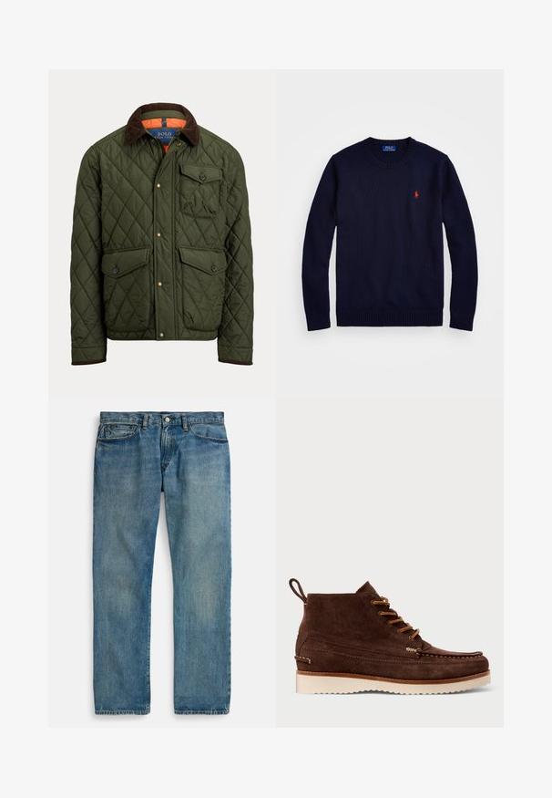 Quiltet grøn jakke med brun ribkrave, brystlomme med knap, to knaplukkelommer ved taljen og trykknapper foran.; Mørkeblå strikket sweater med ribbet rund hals og nederkant. Har et lille rødt broderet logo på brystet. Blød tekstur, lange ærmer.; Lyseblå denimjeans med lige ben, der har fem lommer, lukning med knap og diskret falmet effekt for tekstur.; Brune ruskind ankelstøvler med en blød tekstur, prydet med olivengrønne detaljer, gyldent hardware og en lys gummisål. Rund tådesign.
