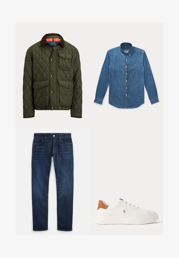 Quilted green jacket with brown corduroy collar, buttoned chest pocket, two buttoned waist pockets, and front snap buttons.; Long sleeve blue denim button-up shirt with a collar and small embroidered logo on the left chest.; Dark blue slim-fit jeans with subtle fading on thighs, five-pocket design, and a button closure at the waistband.; White low-top sneaker with tan heel tab, white laces, and small embroidered polo player logo on the side above a thick sole.