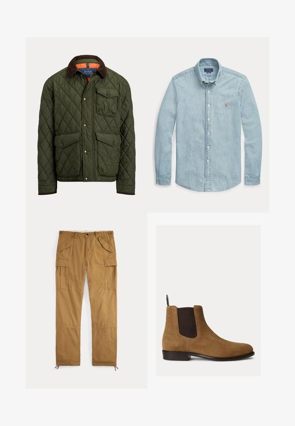 Quiltet grøn jakke med brun ribkrave, brystlomme med knap, to knaplukkelommer ved taljen og trykknapper foran.; Lyseblå langærmet denimskjorte med knapkrave, hvide knapper og et lille broderet Polo Ralph Lauren-logo på brystet.; Brune cargobukser med knaplukning, bæltestropper, klaplommer på lårene og snore ved ankelmanchetterne, lagt fladt på en hvid baggrund.; Brun ruskind Chelsea-støvle med sort elastisk sidepanel, lav hæl og trækflig på ensartet lyse baggrund.