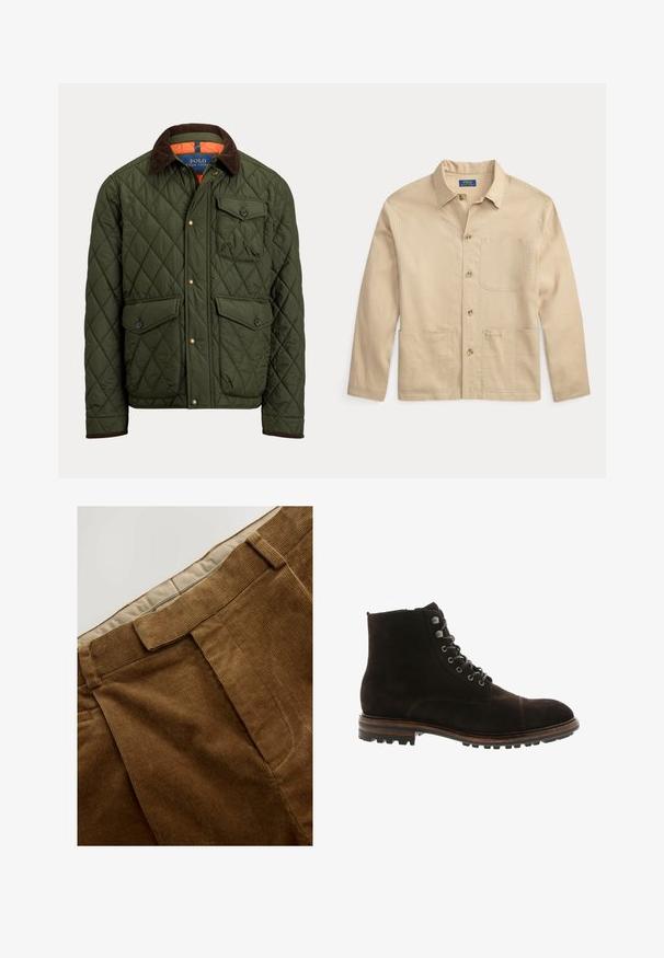Quiltet grøn jakke med brun ribkrave, brystlomme med knap, to knaplukkelommer ved taljen og trykknapper foran.; Beige langærmet knap-op-skjorte med tre forlommer og krave, med synligt Polo Ralph Lauren-mærke inde i kraven.; Brune kordfløjlsbukser med en tekstureret overflade, der har lige snit og syede forklaring. Taljen har et lettere stoffoer.; Blackstone Snørestøvletter - brown
