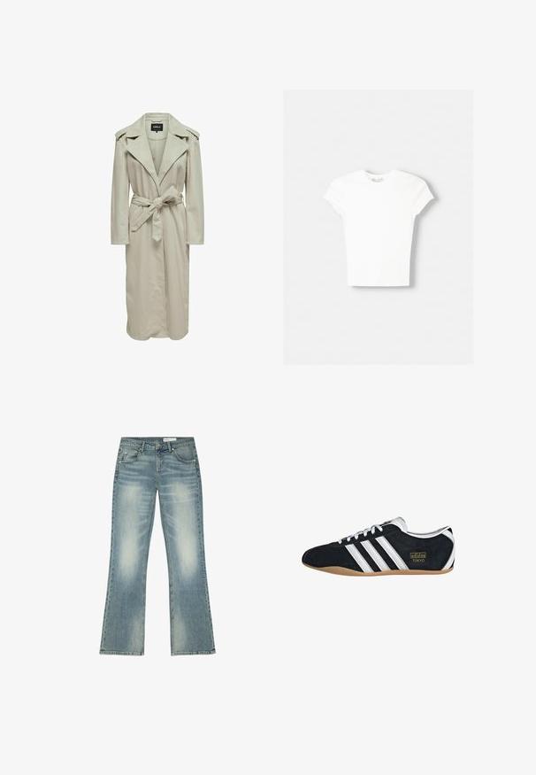 Trench-coat beige clair avec un large col, des manches longues, une taille ceinturée et des poches latérales. Réalisé en tissu lisse avec une coupe droite.; T-shirt blanc à manches courtes en coton doux, avec un col rond et une coupe ajustée. Pas de motifs ni d'ornements visibles.; Jean bleu délavé à jambes droites avec bouton et fermeture éclair à l’avant, passants de ceinture et cinq poches, posé à plat sur un fond blanc.; Sneakers en suede noir avec trois bandes blanches, logo doré et semelle en caoutchouc marron. Présente un design à lacets à profil bas.