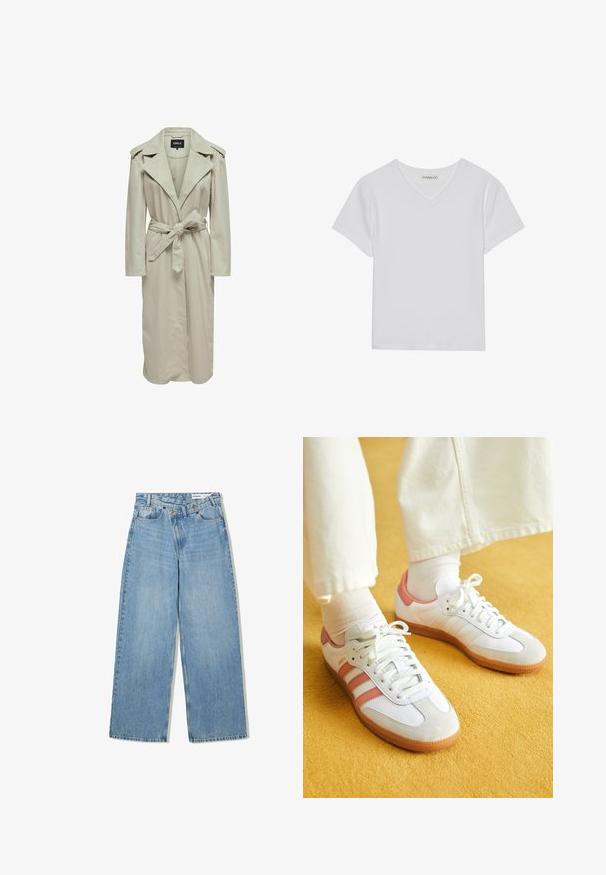 Trench-coat beige clair avec un large col, des manches longues, une taille ceinturée et des poches latérales. Réalisé en tissu lisse avec une coupe droite.; T-shirt blanc à manches courtes en V, en tissu côtelé. Présente un design épuré avec un ourlet droit et un minimum de détails.; Jean large bleu clair en denim, avec taille haute, cinq poches, fermeture à bouton et un léger délavage pour la texture.; Baskets blanches avec des accents roses, en matériaux de daim et de cuir, à bout rond et semelle en caoutchouc, présentées avec des chaussettes claires sur un fond jaune.