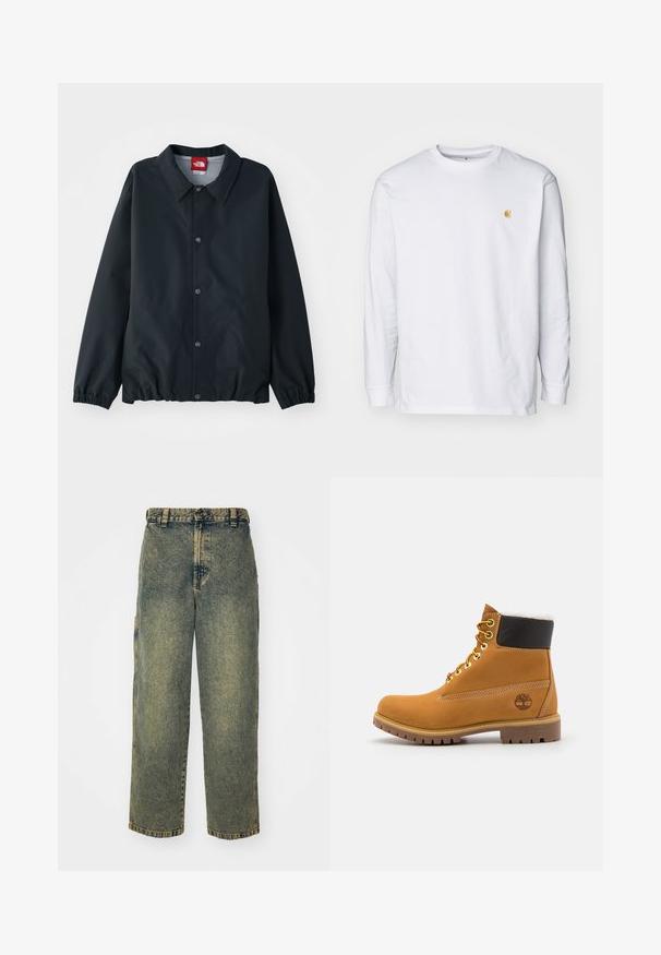 Zwart jasje met een kraaghals, knoopsluitingen, elastische manchetten en een cinched zoom. Gemaakt van lichtgewicht, waterafstotend materiaal.; Witte lange mouwen t-shirt van katoen. Voorzien van een klein gouden logo op de borst en een ronde hals. Eenvoudig ontwerp en standaard pasvorm.; Baggy denim jeans in een vervaagde blauwe en groene was. Heeft een knoopsluiting, riemlussen en zijzakken. Vlakke voorkant en rechte pijpen.; Bruine leren enkellaars met metalen oogjes, witte faux bont voering, zwarte gewatteerde kraag, robuuste zool en een reliëflogo aan de zijkant.