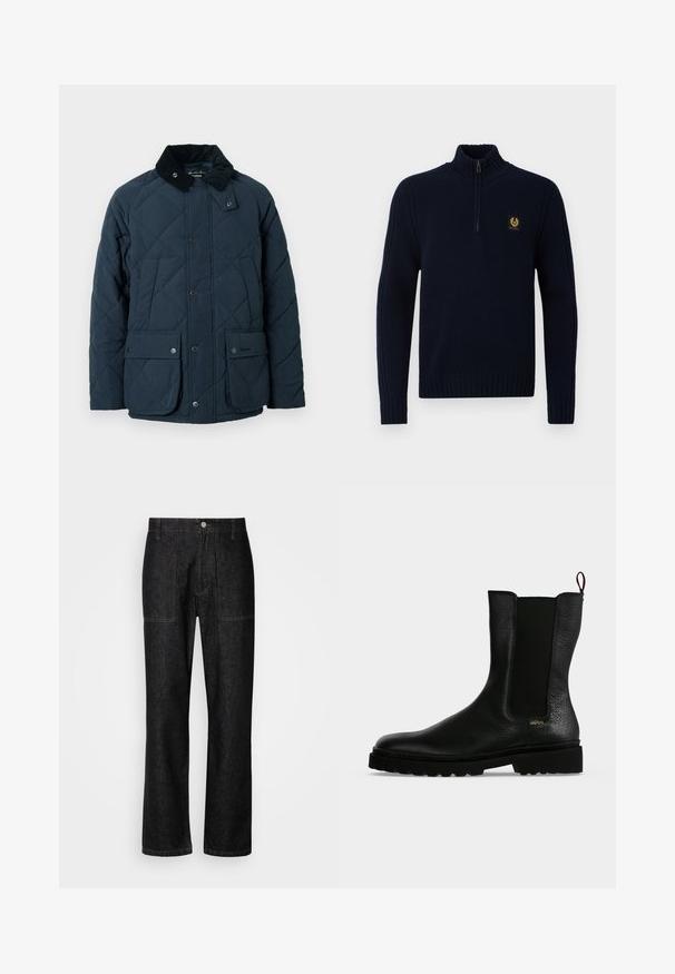 Veste matelassée bleu marine avec col en velours côtelé, deux poches avant à rabat et boutons-pression, présentant une surface texturée et un design classique.; Pull en tricot bleu marine avec un col montant, une fermeture éclair mi-longue et des poignets côtelés. Présente un petit logo doré sur la poitrine. Texture lisse.; Pantalons en denim noir avec une coupe droite, des coutures visibles et une fermeture à bouton sur le devant. Comprend deux poches latérales et deux poches arrière.; Bottine en cuir noir avec un panneau latéral élastique, une semelle épaisse et une languette à l’arrière, featuring un petit logo doré "Hugo" près du talon.