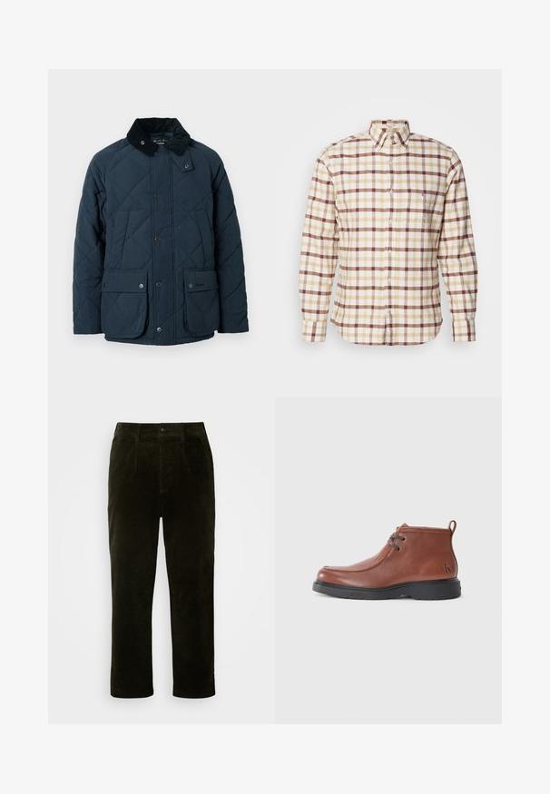 Veste matelassée bleu marine avec col en velours côtelé, deux poches avant à rabat et boutons-pression, présentant une surface texturée et un design classique.; Chemise à manches longues à boutons, présentant un motif à carreaux beige, marron et crème, avec un col classique et une poche avant.; Pantalon en velours côtelé vert foncé, coupe droite, avec poches à l'avant, fermeture à bouton et tissu texturé.; Bottines en cuir marron avec une embout rond, des détails de lacets et une semelle en caoutchouc noire. Logo notable sur le talon et accents de couture.
