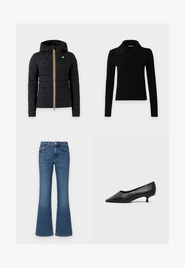 Chaqueta negra acolchada con capucha, que presenta un cierre frontal con cremallera y una franja de colores a lo largo de la cremallera. Acento del logo en el pecho.; Top negro de manga larga hecho de una tela suave, con un gran cuello en punta y un diseño ajustado. Textura suave con un detalle mínimo.; Vaqueros acampanados de color azul, confeccionados en denim, con una cintura de altura media, bolsillos delanteros y un acabado desgastado, con costuras visibles a lo largo de las costuras.; Zapato de mujer negro de cuero con tacón bajo, puntera puntiaguda y pequeño tacón kitten sobre fondo claro liso.