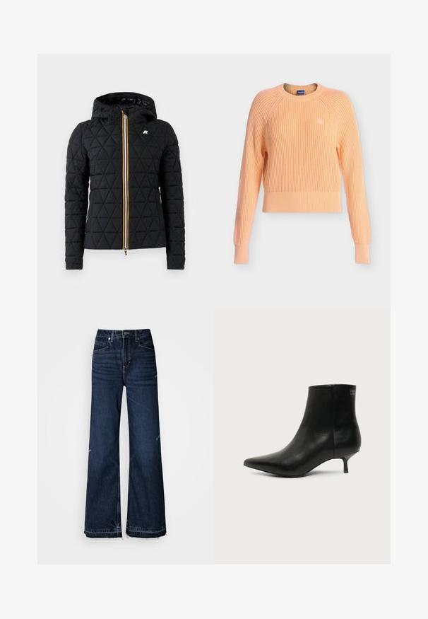 Chaqueta negra acolchada con capucha, que presenta un cierre frontal con cremallera y una franja de colores a lo largo de la cremallera. Acento del logo en el pecho.; Jersey de punto acanalado color melocotón, con mangas largas, cuello redondo y un pequeño logo redondo en el pecho izquierdo.; Vaqueros de talle alto y pierna ancha confeccionados en mezclilla oscura. Características incluyen dobladillos deshilachados y diseño de cinco bolsillos con costuras visibles.; Botín de piel negra con puntera puntiaguda y tacón bajo estilo kitten sobre fondo claro, mostrando vista lateral exterior.
