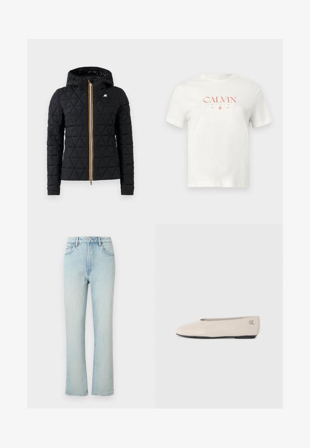 Mustmust mustrinõngaga must jope, millel on ees tõmblukk ja värviline triip tõmbluku ääres. Rinna peal on logo aksessuaar.; Valge puuvillane T-särk, mille keskel on punane "CALVIN KLEIN" logo, asutamise kuupäev, lühikesed varrukad ja klassikaline ümarsärk kaelus.; Hele sinised kõrge vöökohaga sirgete säärtega teksapüksid ees nööbiga, vööaasadega ja klassikalise viie taskuga disainiga ühevärvilise taustaga.; Bežist nahast balleti kingad madala musta tallaga ja hõbedase "cK" logoga kandadel, minimalistlik disain, külgvaade ühevärvilisel taustal.