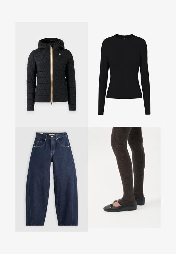 Chaqueta negra acolchada con capucha, que presenta un cierre frontal con cremallera y una franja de colores a lo largo de la cremallera. Acento del logo en el pecho.; Camiseta ajustada de mujer de manga larga negra con escote redondo, tela lisa y sin patrones o adornos visibles.; Jeans de mezclilla azul oscuro con un ajuste holgado, costuras claras, cinco bolsillos y un cierre de botón en la cintura.; Piernas con leggings oscuros acanalados combinados con bailarinas negras que presentan pequeños detalles de lazo sobre un fondo blanco.