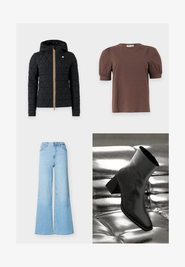 Mustmust mustrinõngaga must jope, millel on ees tõmblukk ja värviline triip tõmbluku ääres. Rinna peal on logo aksessuaar.; Pruun lühikeste varrukatega särk, millel on punnitatud varrukad ja soonilised mansetid, ümar kaelus ning väike "AWARE" silt krae tagaosas.; Hele sinised kõrge vöökohaga laia säärega teksapüksid, ees nööpide ja lukuga, ees taskud ja vööaugud, valgel taustal.; Must musta narmand, läikiva materjali ja ruudukujulise varbaga ning kitseneva kontsaga, paigutatud läikiva hõbedaselt tuftitud tausta ette.
