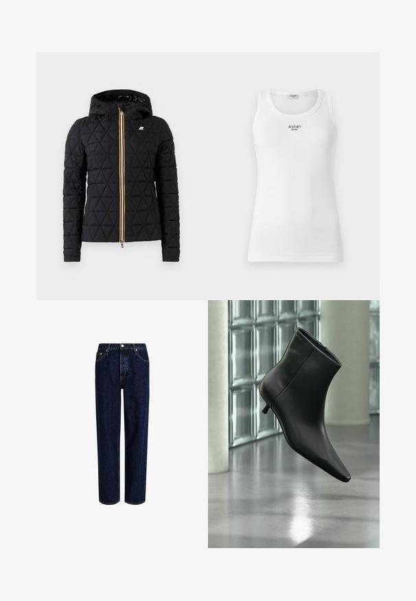 Chaqueta negra acolchada con capucha, que presenta un cierre frontal con cremallera y una franja de colores a lo largo de la cremallera. Acento del logo en el pecho.; Camiseta sin mangas blanca de tela de canalé, con un escote redondo y una etiqueta rectangular con "JOOP! JEANS" en la parte delantera.; Jeans de mezclilla azul oscuro con un diseño de pierna recta, que presentan una cintura alta, estilo de cinco bolsillos y costuras en contraste. Sin adornos.; Botín negro de cuero con punta puntiaguda y tacón bajo estilo kitten, mostrado en ángulo sobre un suelo pulido y con una pared de bloques de vidrio de fondo.