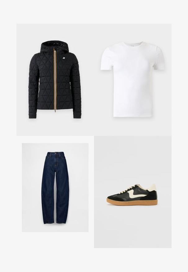 Sort quiltet jakke med hætte, der har en frontlynlås og farverig stribe langs lynlåsen. Logo accent på brystet.; Hvid kortærmet T-shirt med rund hals vist mod en lysegrå baggrund.; Mørkeblå høj talje denim jeans med afslappet pasform, der har fem lommer, en enkelt frontknap og syede detaljer langs sømmene.; Sorte ruskinds- og lædersneakers med en cremefarvet side-swoosh og lys cremefarvet hæl. Har beige snørebånd og en gummirubber-sål.
