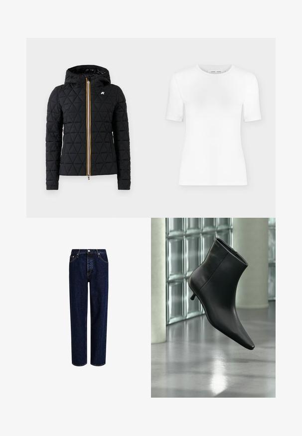 Chaqueta negra acolchada con capucha, que presenta un cierre frontal con cremallera y una franja de colores a lo largo de la cremallera. Acento del logo en el pecho.; Camiseta blanca de manga corta con cuello redondo, ajuste slim y textura de tejido acanalado, mostrada sobre un fondo liso gris claro.; Jeans de mezclilla azul oscuro con un diseño de pierna recta, que presentan una cintura alta, estilo de cinco bolsillos y costuras en contraste. Sin adornos.; Botín negro de cuero con punta puntiaguda y tacón bajo estilo kitten, mostrado en ángulo sobre un suelo pulido y con una pared de bloques de vidrio de fondo.