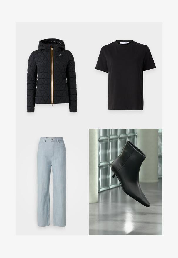 Chaqueta negra acolchada con capucha, que presenta un cierre frontal con cremallera y una franja de colores a lo largo de la cremallera. Acento del logo en el pecho.; Camiseta negra de manga corta hecha de algodón suave, con un cuello redondo, corte relajado y una textura lisa. Sin patrones ni gráficos visibles.; Jeans de pierna recta en azul claro, hechos de denim. Cuenta con cinco bolsillos, un cierre de botón de metal y un sutil desgastado para añadir textura.; Botín negro de cuero con punta puntiaguda y tacón bajo estilo kitten, mostrado en ángulo sobre un suelo pulido y con una pared de bloques de vidrio de fondo.