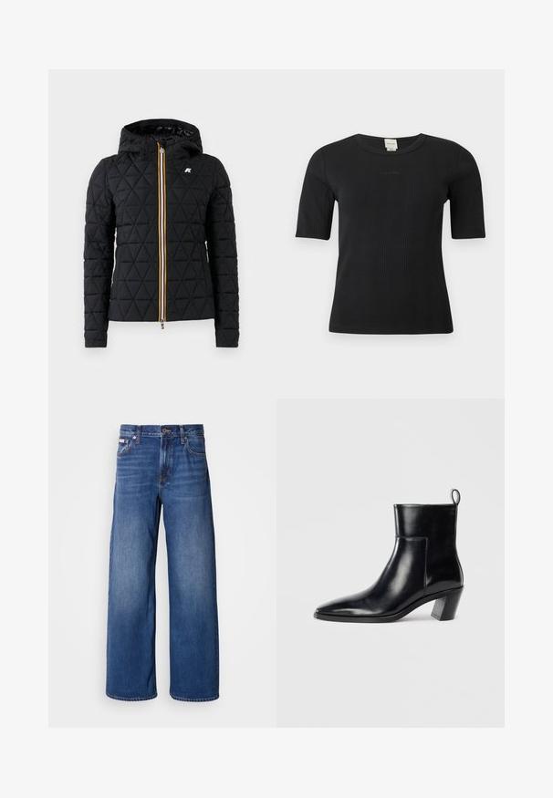 Chaqueta negra acolchada con capucha, que presenta un cierre frontal con cremallera y una franja de colores a lo largo de la cremallera. Acento del logo en el pecho.; Camiseta negra de manga corta con textura acanalada de Calvin Klein, con cuello redondo y sutil logo bordado en el pecho sobre un fondo liso.; Jeans de mezclilla de pierna ancha en azul oscuro, con una cintura alta, cinco bolsillos y un sutil desvanecimiento en la parte delantera para mayor textura y detalle.; Botín de piel negra hasta el tobillo con punta afilada, tacón apilado geométrico y una lengüeta en la parte posterior. Textura suave y diseño elegante.