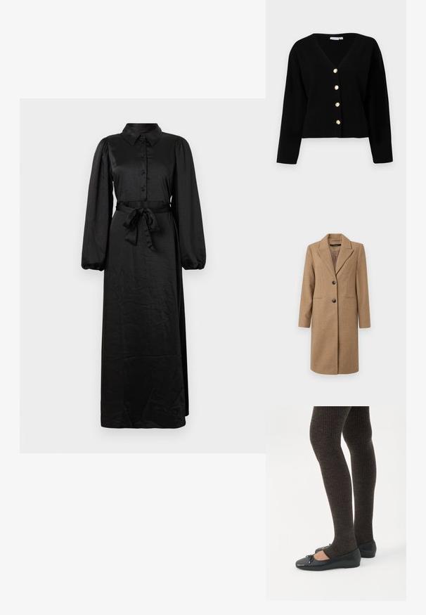 Brun hørfilstribet frakke med nedskåret revers, enkeltrækket front, to knapper og sidelommer. Glat tekstur, knælangt design.; Sort cropped cardigan med V-hals, lange ærmer og fem guldknapper foran. Glat tekstur og skræddersyet pasform.; Lang sort satin kjole med pufærmer, knaplukning foran, krave og et bundet taljebælte mod en ensfarvet baggrund.; Ben iført mørke ribbede leggings kombineret med sorte balletsko med små sløjfedetaljer på hvid baggrund.