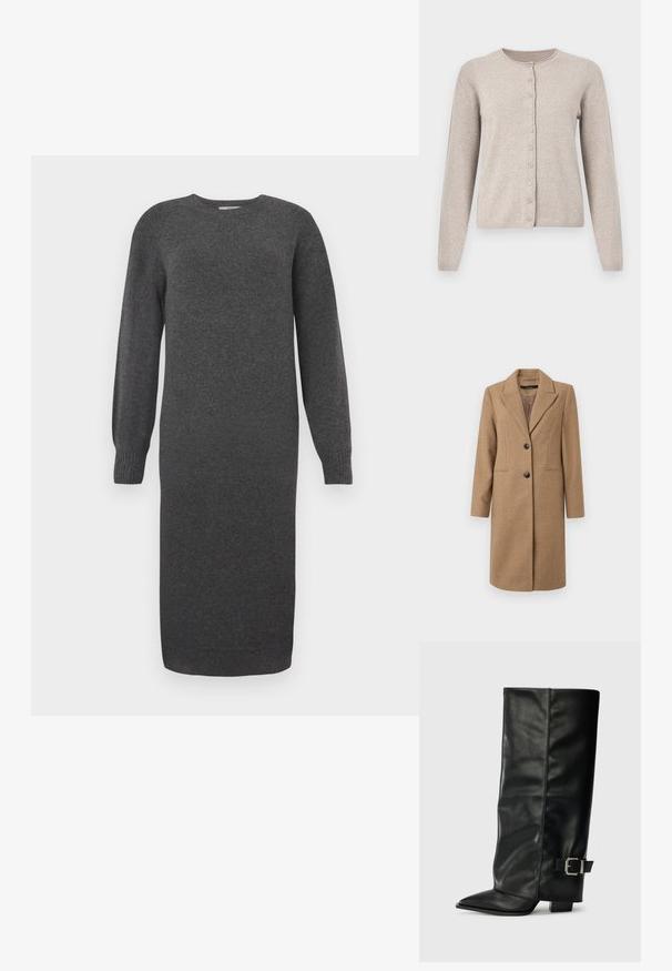 Bruine visgraatjas met een notch-uitsnijding, enkelvoudige knoopsluiting, twee knopen en zijzakken. Glad de Consequentie, knie-lange ontwerp.; Beige vest gemaakt van zachte gebreide stof, met een ronde hals, lange mouwen en een knoopsluiting aan de voorkant met acht bijpassende knopen.; Donkergrijze gebreide jurk met lange mouwen, ronde halslijn en geribbelde manchetten. Lengte tot halverwege het been en een gladde stof. Eenvoudig ontwerp zonder patronen.; Zwarte leren enkellange laarzen met een spitse neus, een gladde textuur en een zilveren gesps Accent aan de zijkant. Stevige vierkante hak.