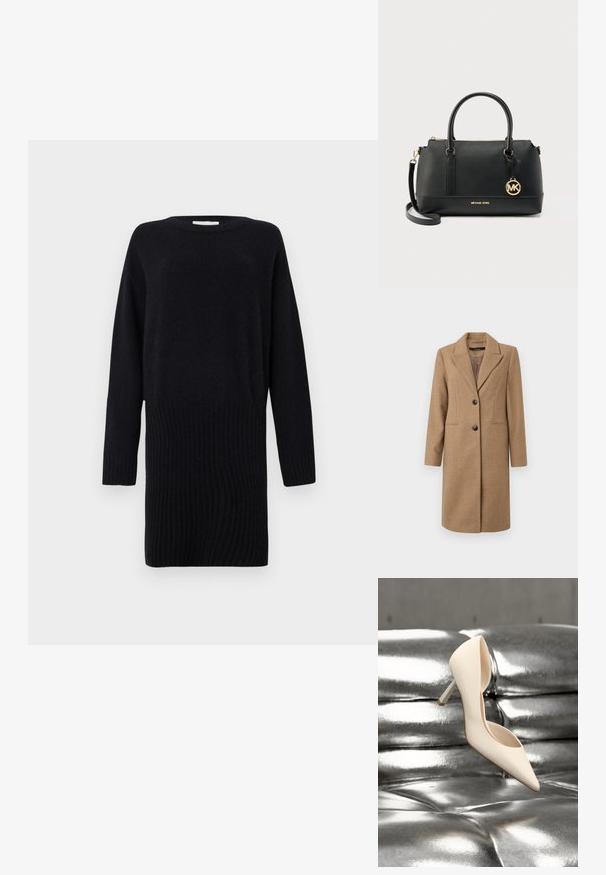 Bruine visgraatjas met een notch-uitsnijding, enkelvoudige knoopsluiting, twee knopen en zijzakken. Glad de Consequentie, knie-lange ontwerp.; CLOSED CREW NECK MINI DRESS - Gebreide jurk - black; Crèmekleurige hoge hak zweeft boven een glanzende zilveren leren bank met knopen, zonder zichtbare mensen of handelingen.; Zwarte Michael Kors handtas met textuur, dubbele handvatten, afneembare schouderriem, gouden logo hanger en ritssluiting op een lichte achtergrond.