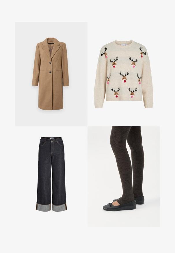 Bruine visgraatjas met een notch-uitsnijding, enkelvoudige knoopsluiting, twee knopen en zijzakken. Glad de Consequentie, knie-lange ontwerp.; Roomkleurige trui met een zachte, pluizige textuur, een ronde halslijn en rendiermotieven met zwarte geweien, roze pompons en rode neuzen.; Donkerblauwe wijde jeans met omgeslagen zomen, vijf zakken en contrasterend gele stiksels.; Benen met donkere geribbelde leggings gecombineerd met zwarte ballerina's met kleine strikdetails op een witte achtergrond.