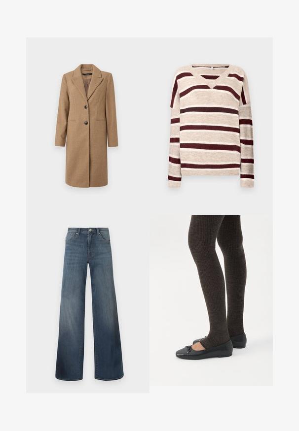 Bruine visgraatjas met een notch-uitsnijding, enkelvoudige knoopsluiting, twee knopen en zijzakken. Glad de Consequentie, knie-lange ontwerp.; Beige V-hals trui met donkerrode en crèmekleurige strepen. Heeft lange mouwen en een geribbelde boord. Zachte textuur en een ontspannen pasvorm.; Brede denims met wijde pijpen in donkerblauw, met een verwasde afwerking, knoopsluiting en vijf-pocketstijl. Gladde textuur, minimale stikseldetails.; Benen met donkere geribbelde leggings gecombineerd met zwarte ballerina's met kleine strikdetails op een witte achtergrond.