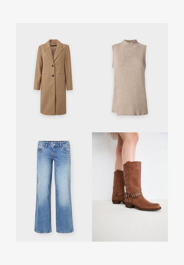 Bruine visgraatjas met een notch-uitsnijding, enkelvoudige knoopsluiting, twee knopen en zijzakken. Glad de Consequentie, knie-lange ontwerp.; Beige mouwloze top met een hoge ribgebreide kraag, voorzien van een textuur breisel patroon en een asymmetrische zoom, geschikt voor het laagjes dragen.; Lichtblauwe denimspijkerbroek met iets uitlopende pijpen, vijfzakkenstijl en een knoop- en ritssluiting aan de voorkant.; Bruine leren enkellaarzen met een lichtpuntige neus, decoratieve gespen en een lage, gestapelde hak. Glad oppervlak met een matte afwerking.