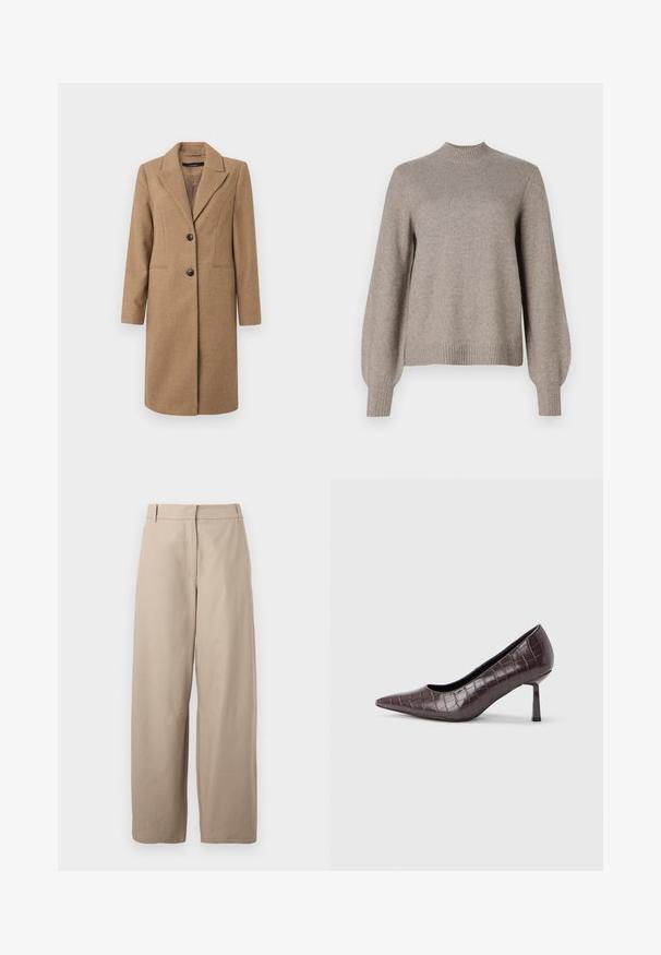 Bruine visgraatjas met een notch-uitsnijding, enkelvoudige knoopsluiting, twee knopen en zijzakken. Glad de Consequentie, knie-lange ontwerp.; Beige gebreide trui met geribbelde opstaande kraag, lange pofmouwen en geribbelde manchetten en zoom op een witte achtergrond.; Beige, wijde broek van katoen. Voorzien van een platte voorkant, twee zijzakken en een zachte textuur. Eenvoudig, functioneel ontwerp.; Bruine nepleren pumps met een puntige neus en krokodillenstructuur, voorzien van een slanke, hoekige hak en een gladde binnenvoering.