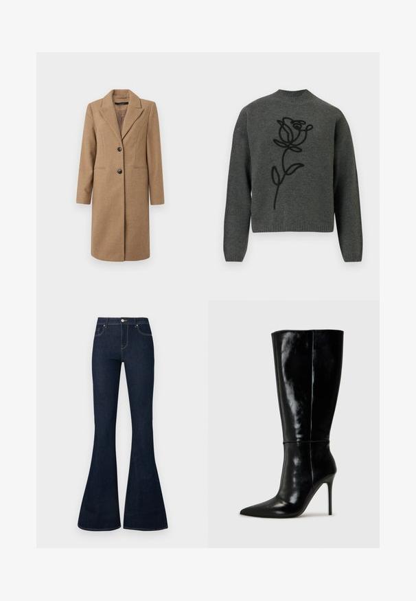 Brun hørfilstribet frakke med nedskåret revers, enkeltrækket front, to knapper og sidelommer. Glat tekstur, knælangt design.; Mørkegrå langærmet strikket sweater med høj hals og sort broderet rosemønster i midten på forsiden.; Mørkeblå højtaljede denimjeans med flagrende ben, frontknap og lynlås samt fem-lomme design.; Sorte læderknælange støvler med spids tå og høj stilettohæl. Glat tekstur og slank design, med minimalt detaljer.