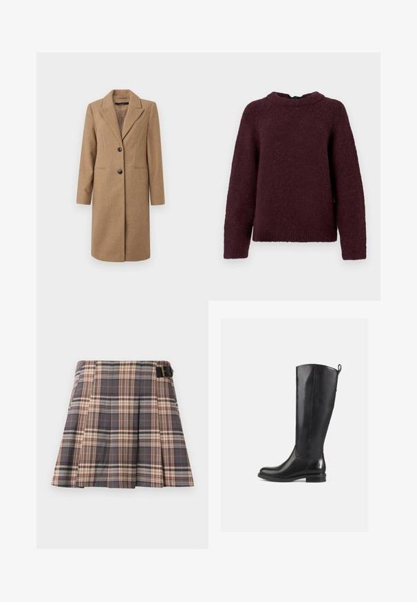 Brun hørfilstribet frakke med nedskåret revers, enkeltrækket front, to knapper og sidelommer. Glat tekstur, knælangt design.; Langærmet strikket sweater i mørk burgundy med rund halsudskæring og ribbede manchetter og kant.; Rutig nederdel i grå, beige og rustfarver; har plisseringer, en spænde detalje og et struktureret design. Fremstillet af et vævet stof.; Knæhøje sorte læderstøvler med en glat finish, rund tå, lav hæl og en flap bagpå. Minimalistisk design uden synlige mønstre.