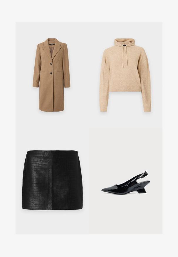 Brun hørfilstribet frakke med nedskåret revers, enkeltrækket front, to knapper og sidelommer. Glat tekstur, knælangt design.; Beige cropped striktrøje med lange ærmer og snorhætte, præsenteret på en hvid baggrund.; Sort faux læder mini nederdel med et struktureret krokodillemønster, der har en glat overflade og skræddersyet pasform uden synlig hardware.; Sort laklæder slingback sko med spids tå og lav vinklet blokhæl på ensartet lys baggrund.