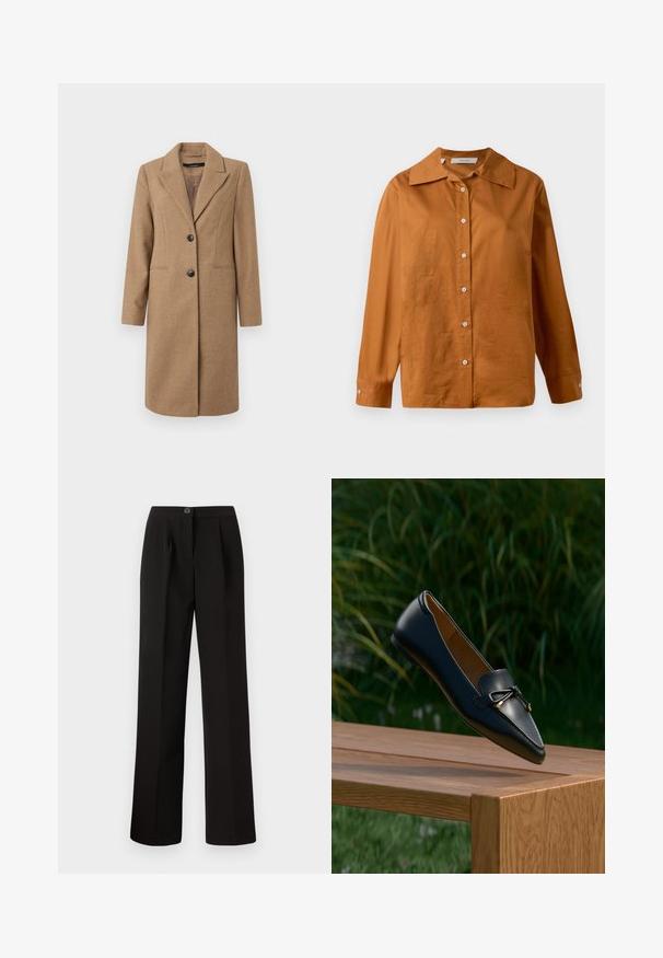 Brun hørfilstribet frakke med nedskåret revers, enkeltrækket front, to knapper og sidelommer. Glat tekstur, knælangt design.; Langærmet, knap-op skjorte i rustbrun med bred krave og hvide knapper, præsenteret mod en hvid baggrund.; Sorte bukser med lige ben, der har frontfolder, knaplukning og et glat, struktureret stof.; Sort læderloafer med detaljeret sløjfe, der svæver over en træbænk med grøn græs og planter i baggrunden.